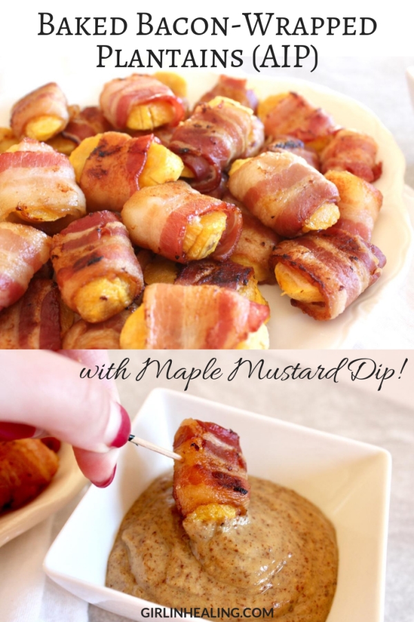 Pinnable image for Baked Bacon-Wrapped Plantains with Maple Mustard Dip