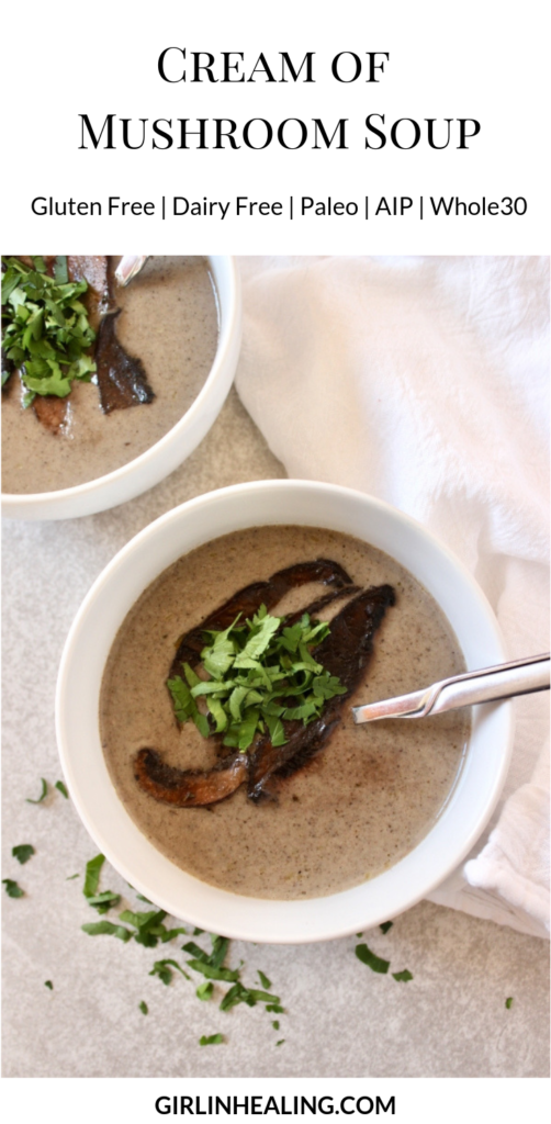 Pinterest image for Dairy Free Cream of Mushroom soup showing two bowls of soup.