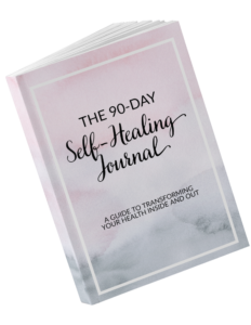 An image of the 90-Day Self-Healing Journal. It has a pink and gray cover and the writing is in a script font.